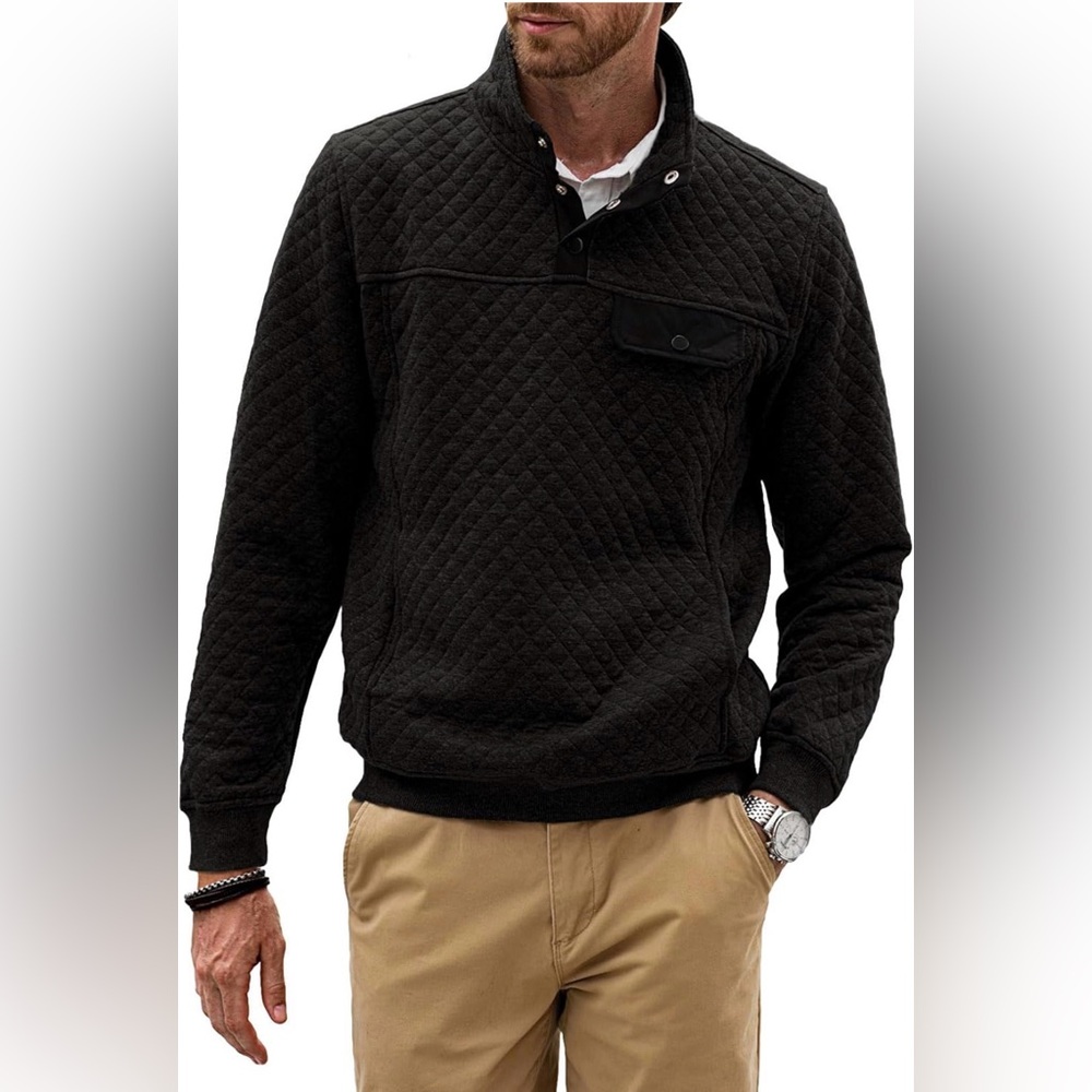 Men's Quilted Sweatshirt Casual Long Sleeve Outdoor Stand Collar Button Pullover